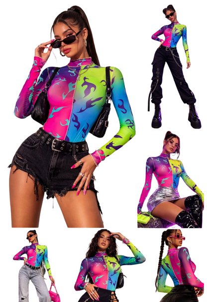 Rainbow Flame/Body Suit/Turtleneck/ Long sleeve/