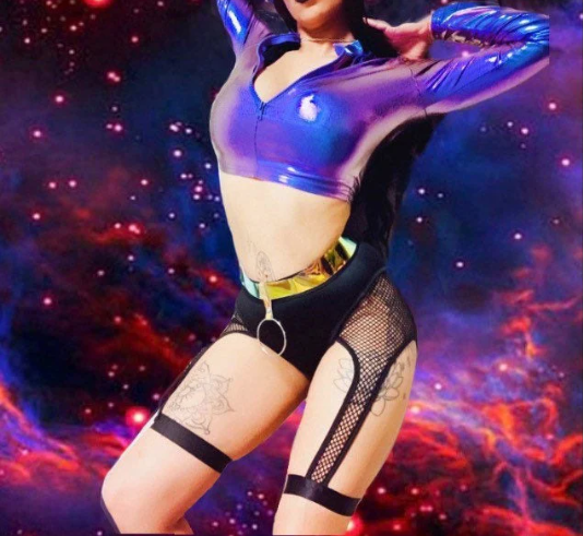 Indigo Alien/ Space Top/Shinny Blue/Long sleeve/Top-Crop/Zipper