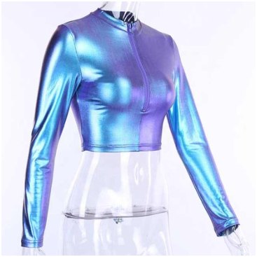 Indigo Alien/ Space Top/Shinny Blue/Long sleeve/Top-Crop/Zipper