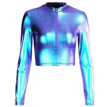 Indigo Alien/ Space Top/Shinny Blue/Long sleeve/Top-Crop/Zipper